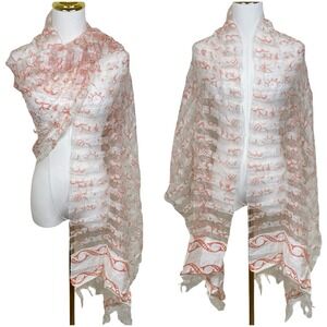 Laila Rowe Silk Scarf Women Peach White Sun Floral Sheer Wrap Boho Lagenlook
